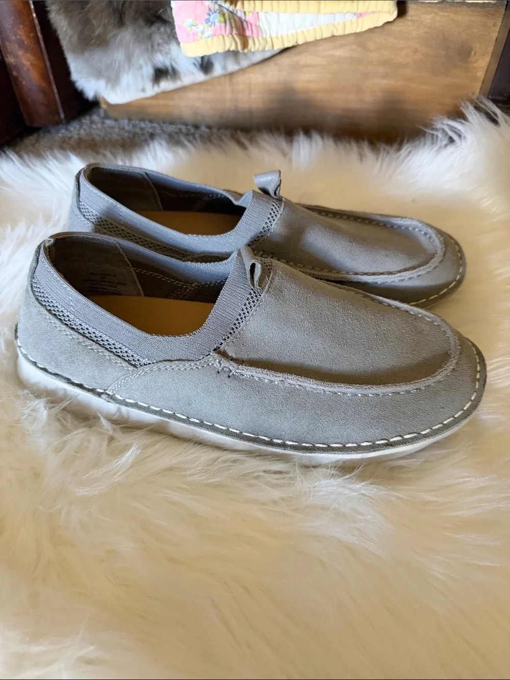 Hush Puppies Men’s Suede Slip-On Loafers in Light Gray